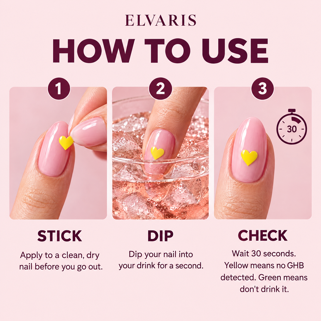 How to use: stick, dip, check
