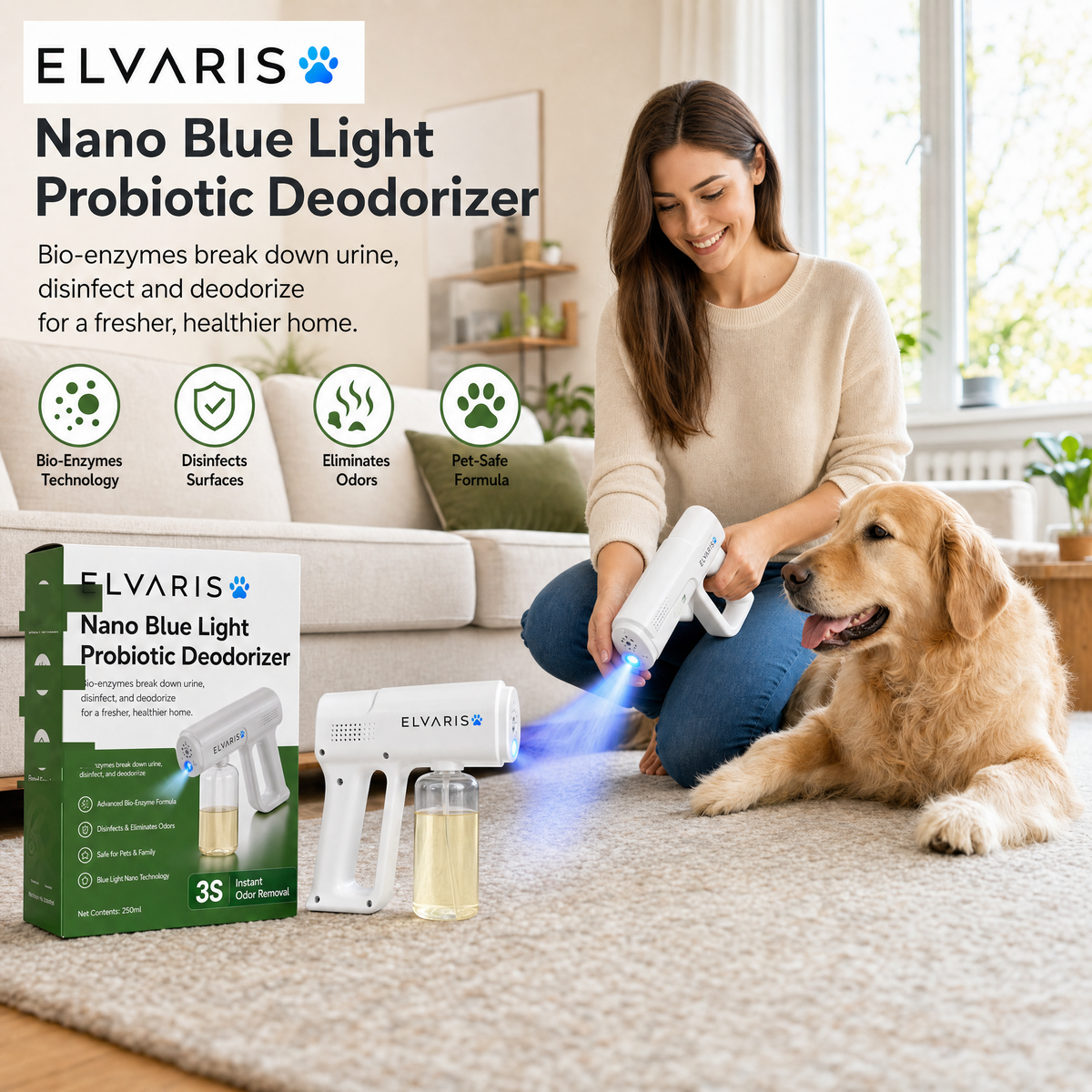 Elvaris nano blue light deodorizer used at home with dog