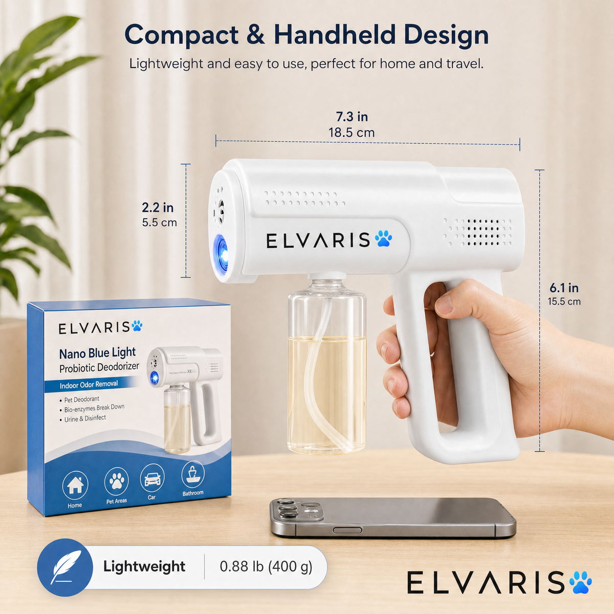 Elvaris nano sprayer compact handheld design and dimensions
