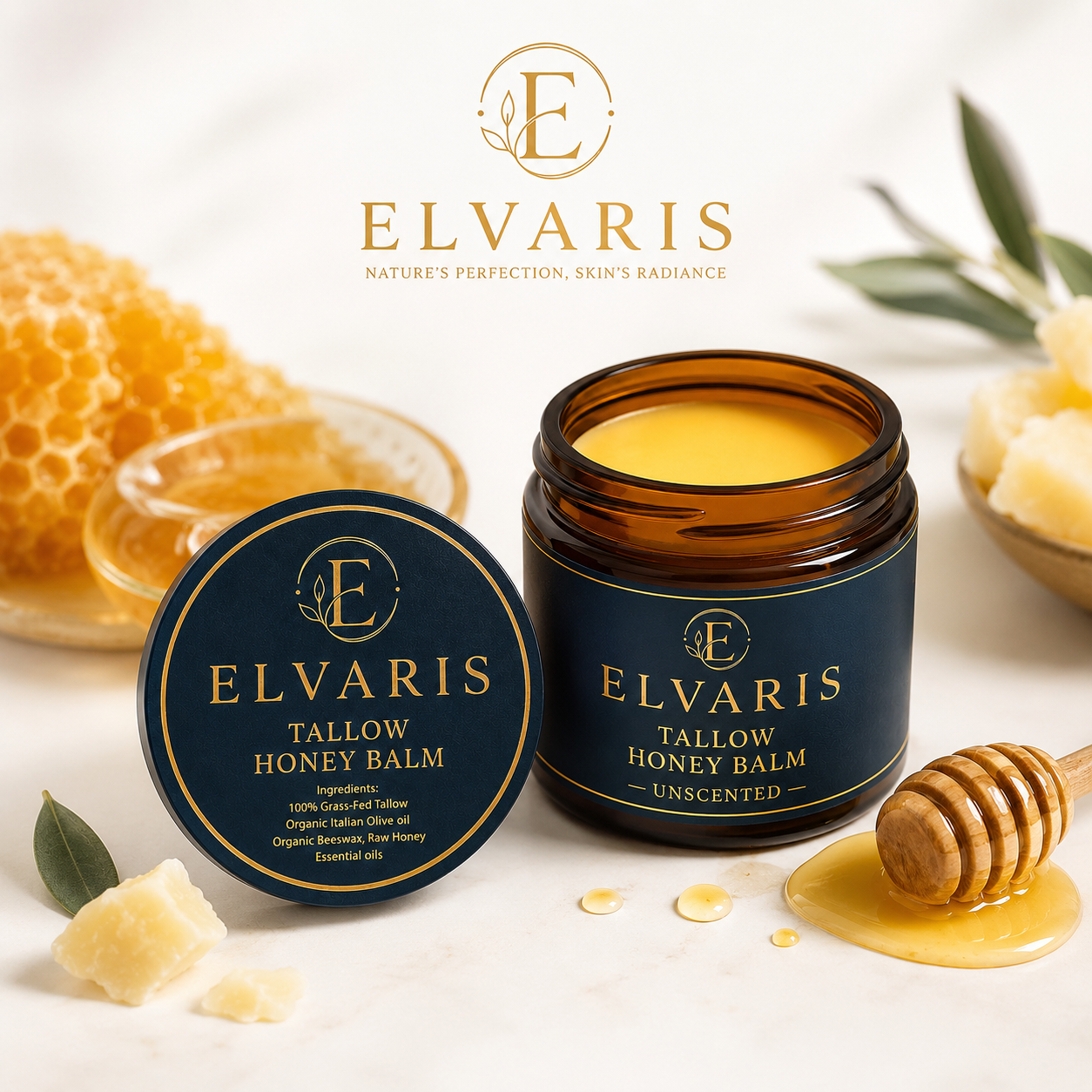 Elvaris Organic Grass-Fed Beef Tallow with Raw Honey (Unscented)