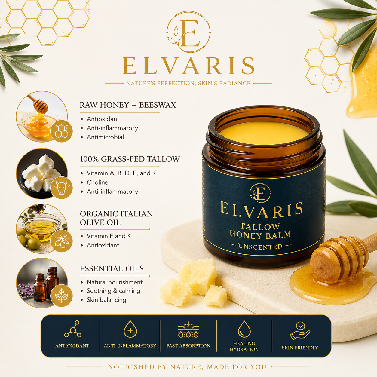 Elvaris Organic Grass-Fed Beef Tallow with Raw Honey (Unscented)