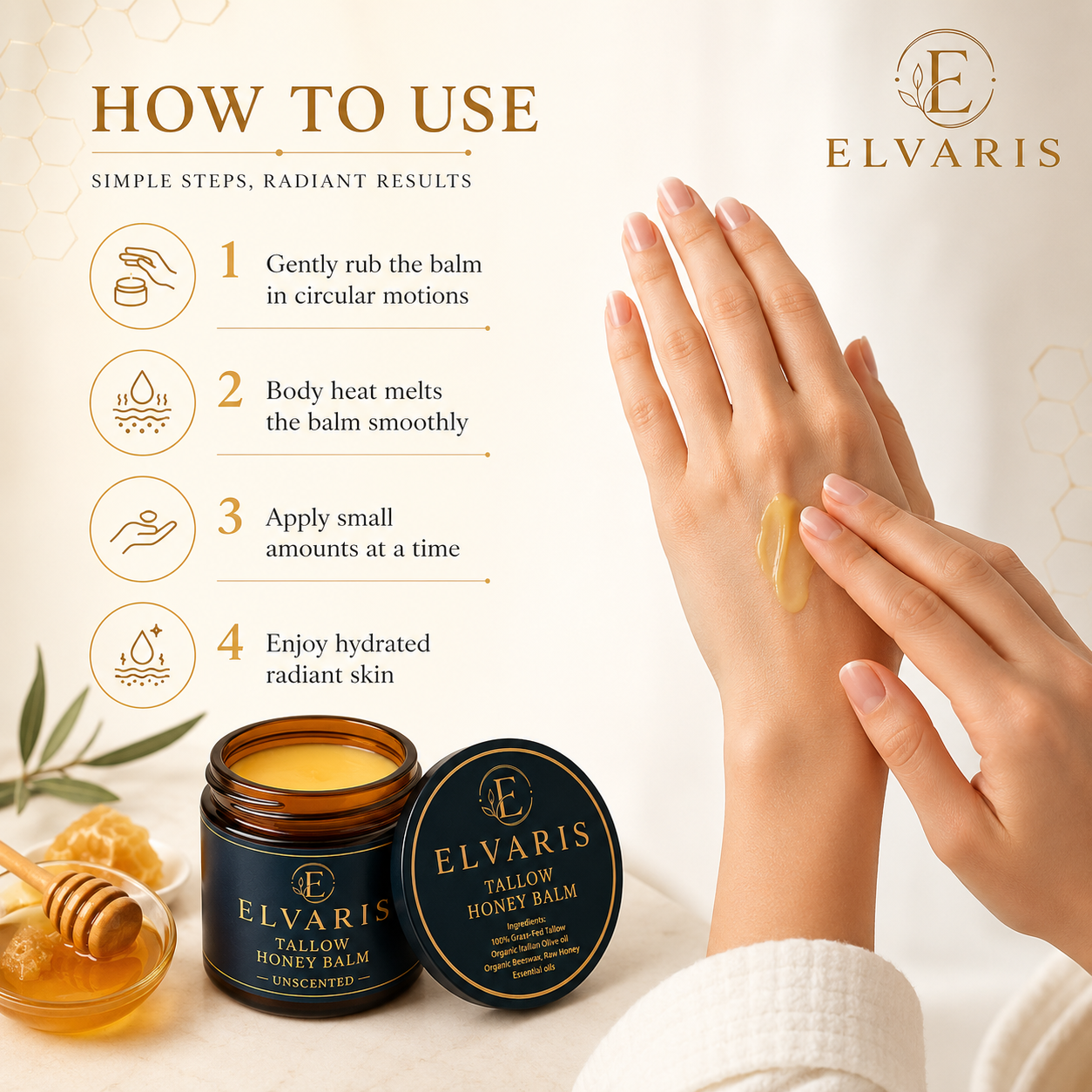 Elvaris Organic Grass-Fed Beef Tallow with Raw Honey (Unscented)