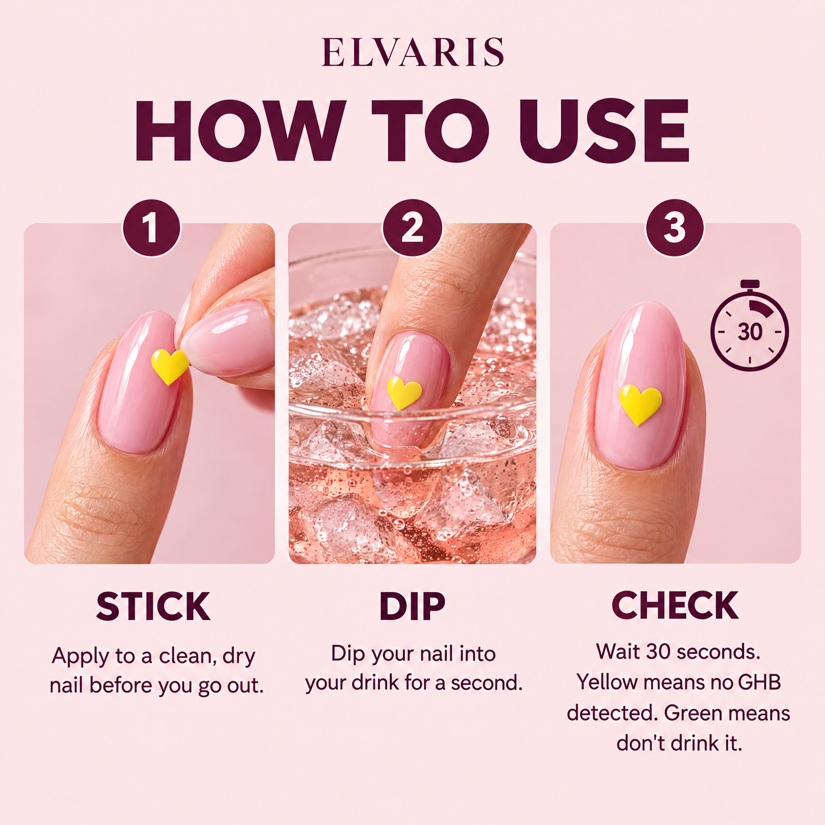 How to use: stick, dip, check